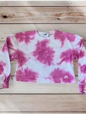 Nike Girls Pink White Tie Dye Crew Neck Cropped Sweatshirt Girls Youth Small